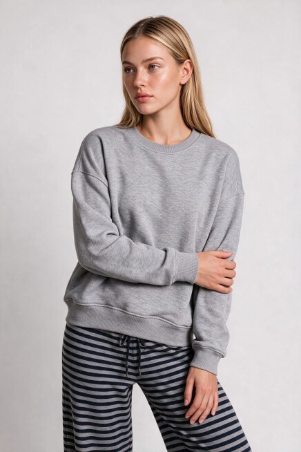 Oversize Şardonlu Basic Sweatshirt GRİ MELANJ LRN0082