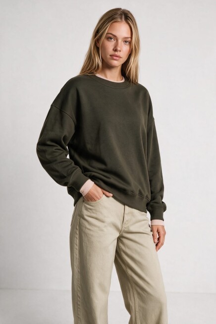 Oversize Şardonlu Basic Sweatshirt HAKİ LRN0082