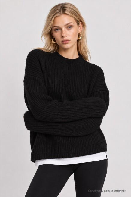 Selanik Örgü Oversize Triko Kazak SİYAH LKR0002