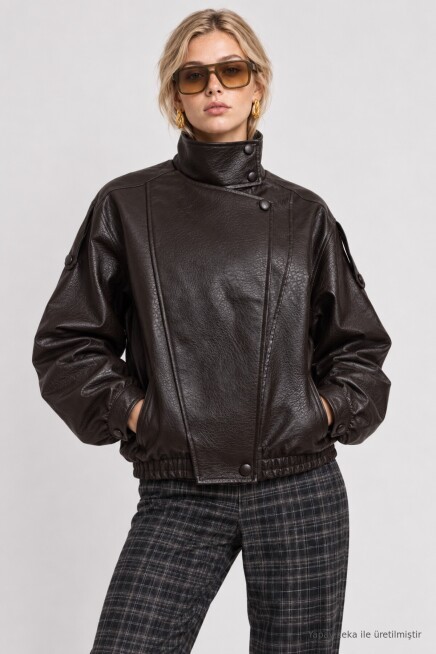 Suni Deri Biker Ceket KAHVERENGİ LAZ0022