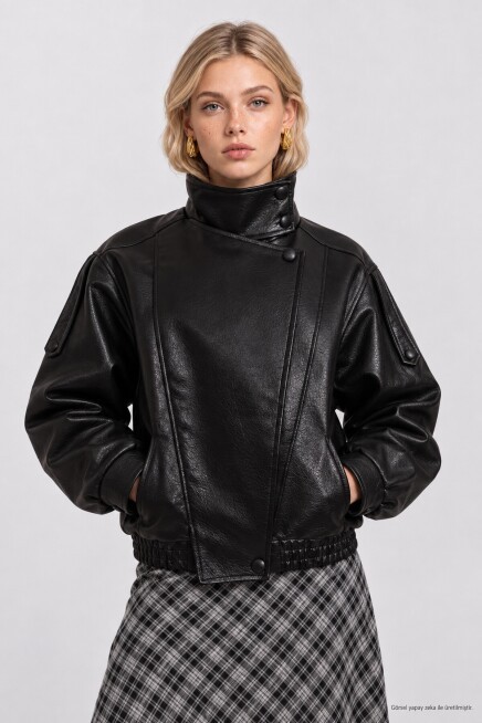 Suni Deri Biker Ceket SİYAH LAZ0022