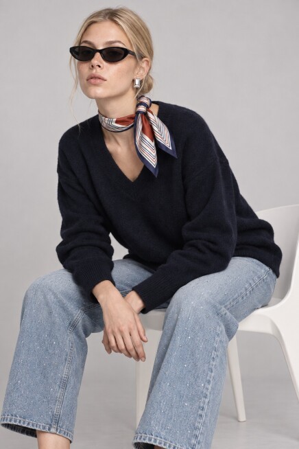 V Yaka Oversize Triko Kazak 4289 LACİVERT LKİ0061