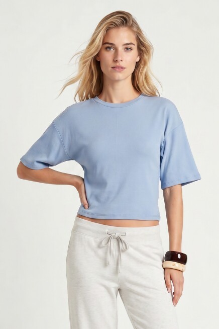 Yarasa Kollu Basic Modal T-shirt MAVİ LUB0357