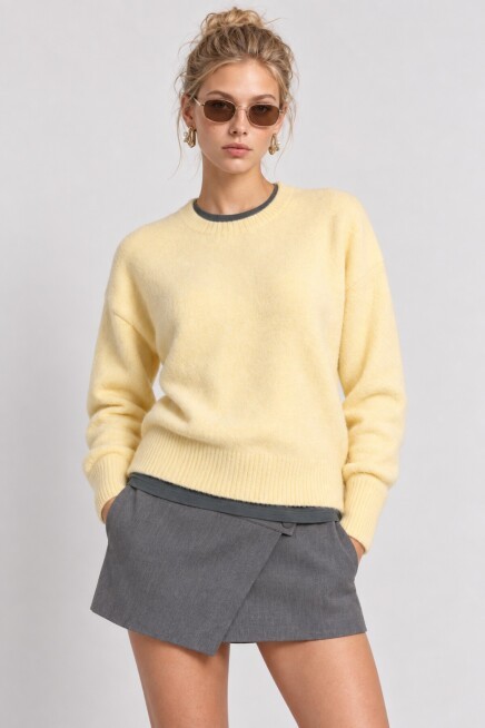 Yün Karışımlı Oversize Triko Kazak 4270 SARI LKİ0062