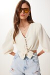 Bağlama Detaylı Crop Keten Bluz KREM HBV0007