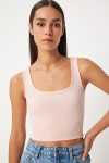 2li Kare Yaka Askılı Fitilli Crop Örme Bluz SİYAH PUDRA LBF0002