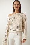 Ajurlu Crop Triko Kazak KREM LAS0006