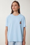 Ayıcık İşlemeli Pamuklu Örme T-shirt GÖK MAVİ LAV0005