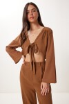 Bağlama Detaylı Keten Bluz Pantolon Takım KAHVERENGİ LBV0068