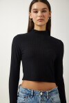 Balıkçı Yaka Fitilli Crop Örme Bluz SİYAH LAH0004