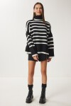 Balıkçı Yaka Oversize Çizgili Triko Kazak KEMİK SİYAH LBV0021