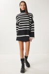 Balıkçı Yaka Oversize Çizgili Triko Kazak KEMİK SİYAH LBV0021