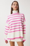 Balıkçı Yaka Oversize Çizgili Triko Kazak PEMBE KEMİK LBV0021