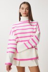 Balıkçı Yaka Oversize Çizgili Triko Kazak PEMBE KEMİK LBV0021