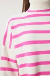 Balıkçı Yaka Oversize Çizgili Triko Kazak PEMBE KEMİK LBV0021