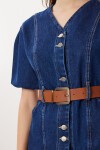 Balon Kollu Kemerli Denim Elbise KOYU MAVİ LAN0087