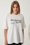 Baskılı Oversize İki İplik Örme T-shirt BEYAZ LAN0037