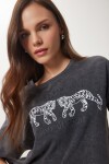 Baskılı Yıkamalı Crop Örme T-Shirt ANTRASİT LAN0028