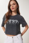 Baskılı Yıkamalı Crop Örme T-Shirt ANTRASİT LAN0028