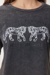 Baskılı Yıkamalı Crop Örme T-Shirt ANTRASİT LAN0028