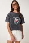 Baskılı Yıkamalı Esnek Örme T-shirt ANTRASİT LAN0034
