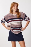 Çizgili Oversize Triko Kazak BORDO KEMİK LAN0052