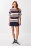 Çizgili Oversize Triko Kazak BORDO KEMİK LAN0052