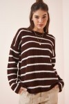Çizgili Oversize Triko Kazak KAHVERENGİ KEMİK LBV0025