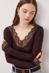 Dantelli Transparan Örme Bluz KAHVERENGİ LBY0049