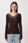 Dantelli Transparan Örme Bluz KAHVERENGİ LBY0049