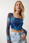 Desenli Crop Şifon Bluz MAVİ LAN0004