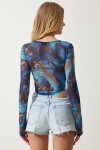 Desenli Crop Şifon Bluz MAVİ LAN0004