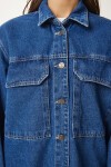 Geniş Cepli Oversize Denim Ceket KOYU MAVİ LAN0031