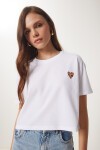 Kalp Baskılı Pamuklu Kısa Örme T-Shirt BEYAZ LAN0024