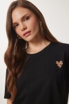 Kalp Baskılı Pamuklu Kısa Örme T-Shirt SİYAH LAN0024