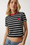 Kalp Nakışlı Çizgili Pamuklu Örme T-Shirt SİYAH LCR0009