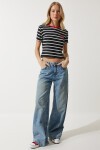 Kalp Nakışlı Çizgili Pamuklu Örme T-Shirt SİYAH LCR0009