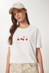 Kiraz Baskılı Pamuklu Örme T-shirt EKRU LAV0007
