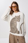 Leopar Baskılı Oversize Şardonlu Örme Sweatshirt KEMİK LAN0068
