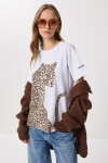 Leopar Baskılı Pamuklu Örme T-shirt BEYAZ LAN0069