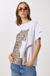 Leopar Baskılı Pamuklu Örme T-shirt BEYAZ LAN0069