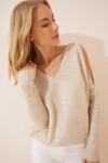 Omuzu Pencereli Oversize Triko Kazak BEJ LAS0004
