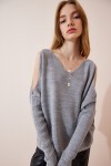 Omuzu Pencereli Oversize Triko Kazak GRİ LAS0004
