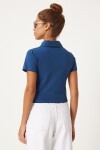 Polo Yaka Baskılı Crop Örme T-shirt LACİVERT LAN0009