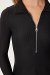 Polo Yaka Fermuarlı Fitilli Örme Bluz SİYAH LBY0019