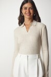 Polo Yaka Fitilli Triko Kazak KREM LBV0017