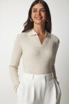 Polo Yaka Fitilli Triko Kazak KREM LBV0017