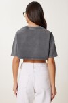 Soluk Efektli Pamuklu Crop Örme T-shirt ANTRASİT LBF0019
