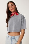 Soluk Efektli Pamuklu Crop Örme T-shirt FÜME LBF0019