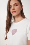 Taşlı Kalp Detaylı Crop Örme T-shirt EKRU LBV0058